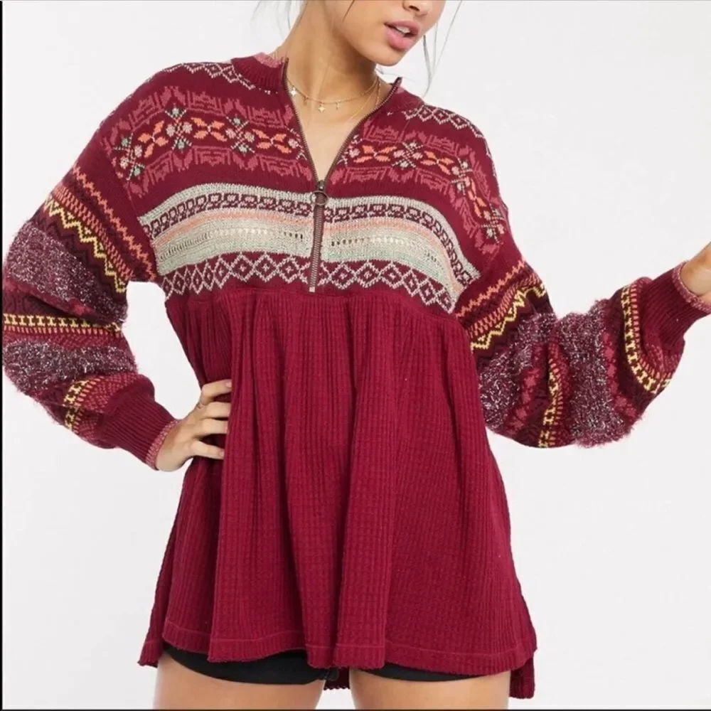 Free People S Cabin Fever Cozy Cottage Burgundy Gold Quarter Zip Sweater